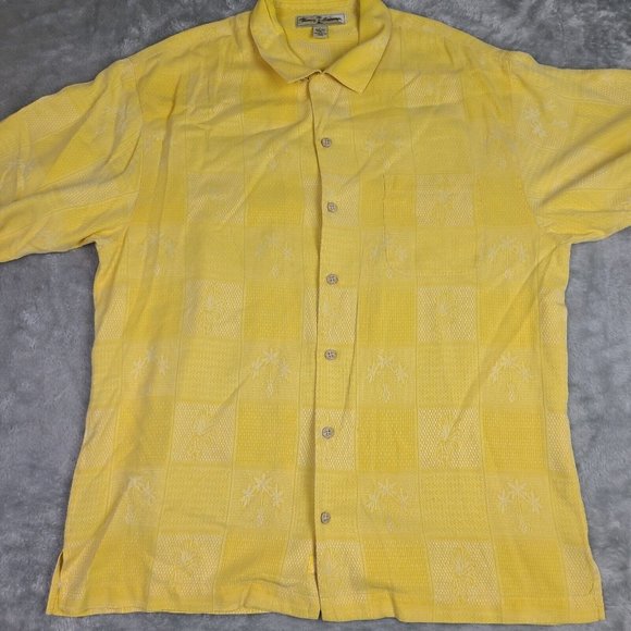 Tommy Bahama Shirt Mens Large Silk Yellow Hawaiian Button Up Short Sleeve Beach - Picture 1 of 9